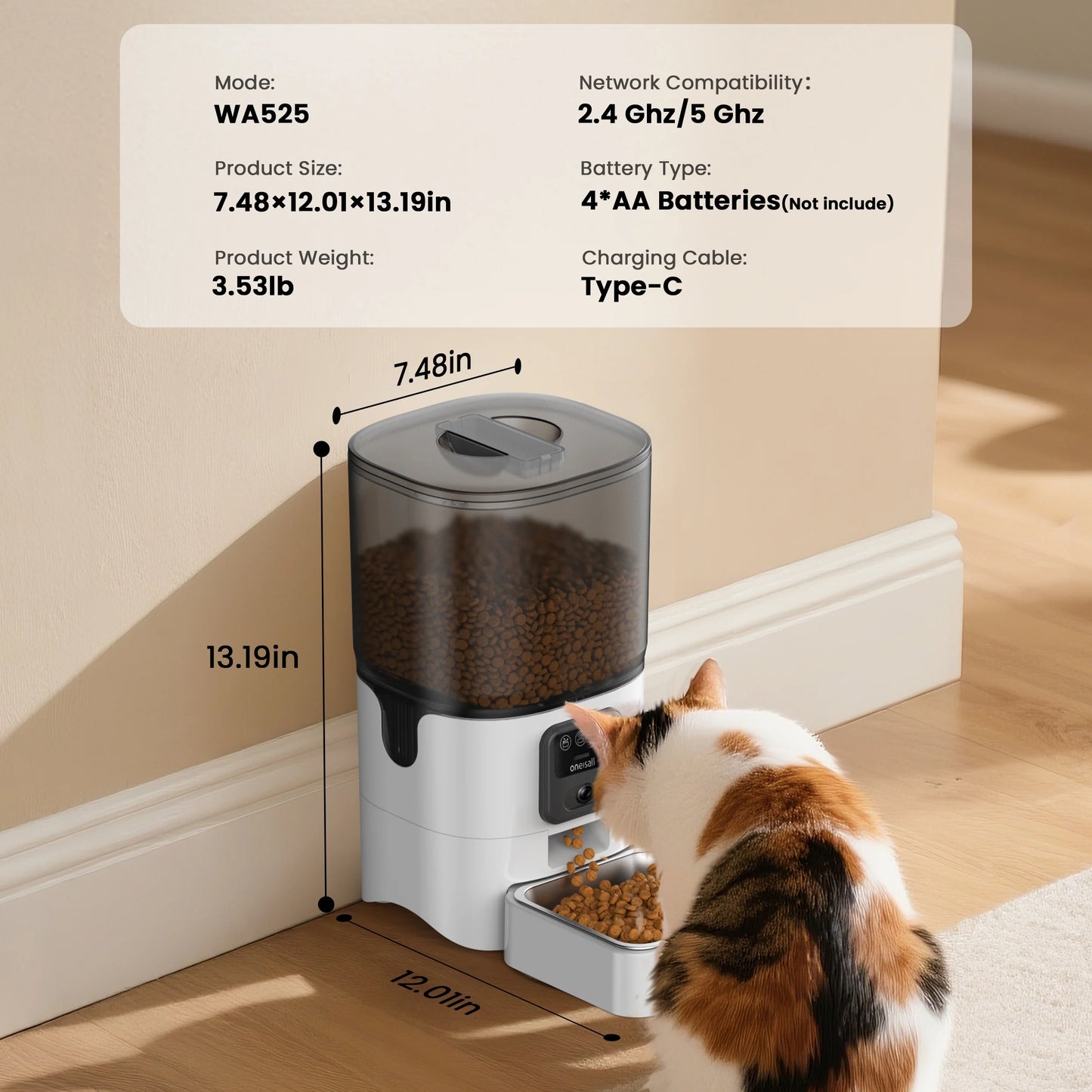 WF-63 5Ghz & 2.4Ghz Automatic Cat Food Dispenser, 6L/25 Cups Automatic Cat Feeder with Camera, White