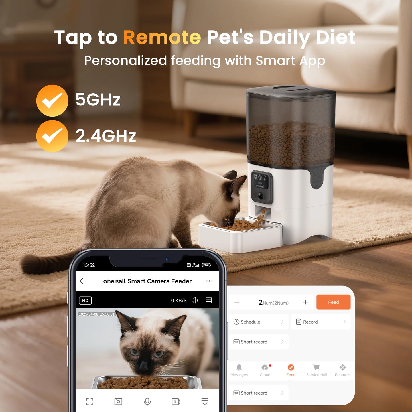 WF-63 5Ghz & 2.4Ghz Automatic Cat Food Dispenser, 6L/25 Cups Automatic Cat Feeder with Camera, White