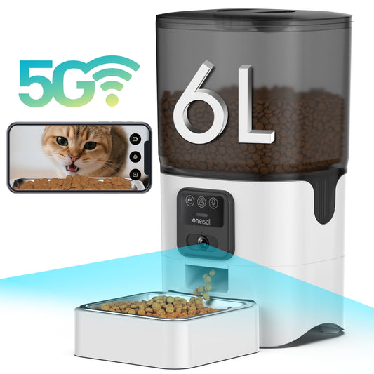 WF-63 5Ghz & 2.4Ghz Automatic Cat Food Dispenser, 6L/25 Cups Automatic Cat Feeder with Camera, White
